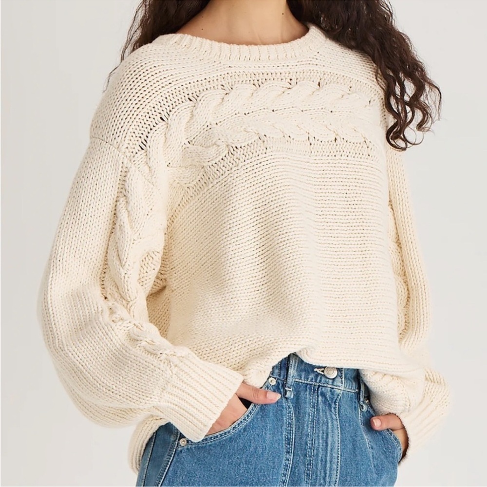 Merlette New York Serin 100% Cotton Soft Beige Cable Knit Detail Sweater Size XL